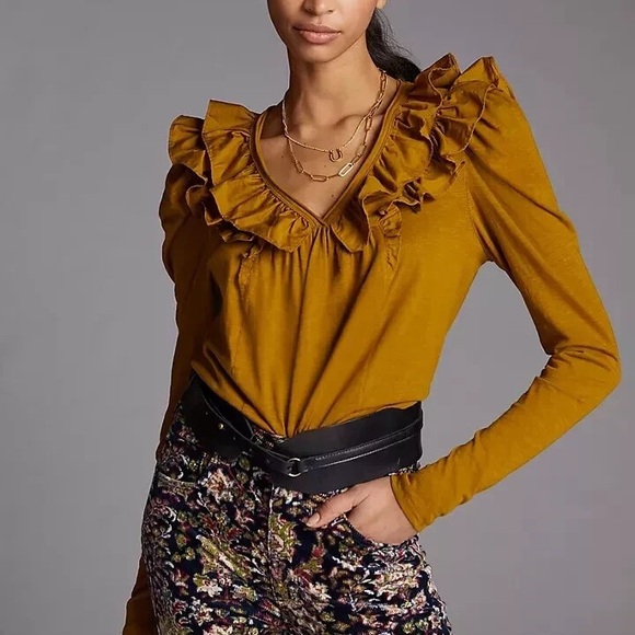 Anthropologie Tops - Anthropologie Ruffled V Neck Burnished Gold Blouse